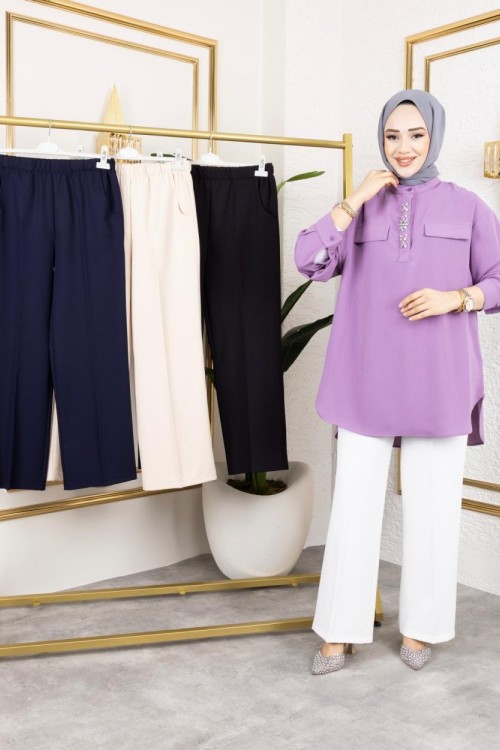 İthal Double Kumaş Bol Kesim Pantolon Bej