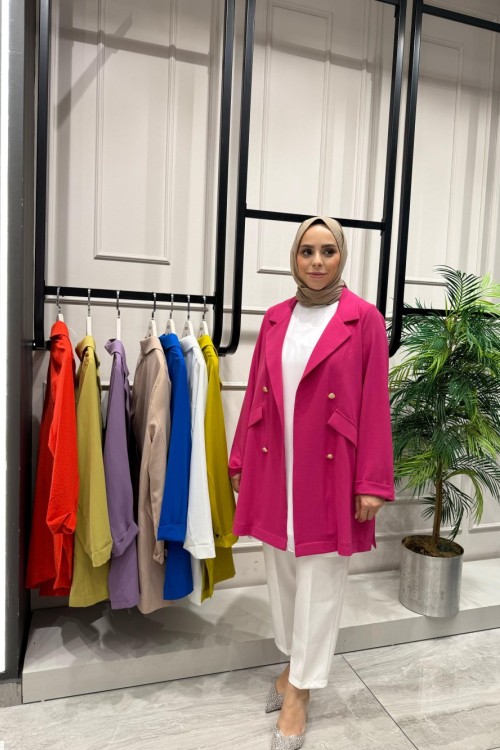 Yazlık İnce Ceket Süs Cepli Düğme Detaylı Fuşya