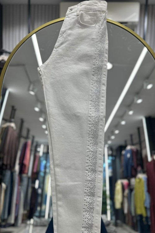  Şerit Taşlı Likralı Kot Pantolon Beyaz