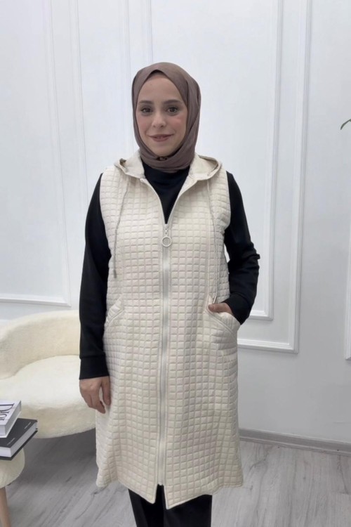 Kapüşonlu Kapitone Yelek Simli Kordon Detaylı Bej