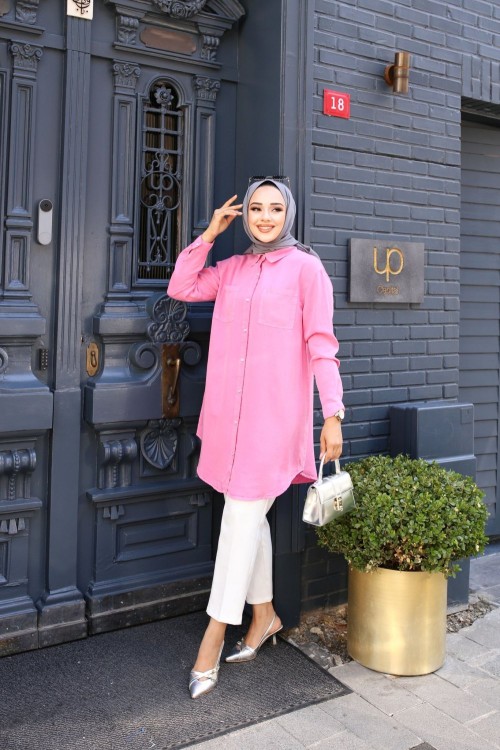 Kadın Tencel Kumaş Yazlık Gömlek Cep Detaylı Rahat Kalıp Pembe