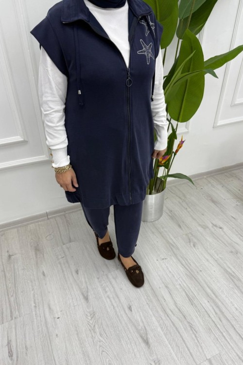 Yelekli Yıldız Takım – Modal Oysho Kumaş, Düğme Detaylı Pantolon Lacivert