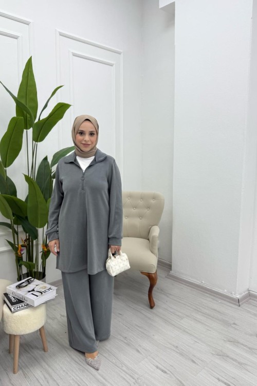 Yarım Fermuarlı Oysho Kumaş İkili Takım Gri