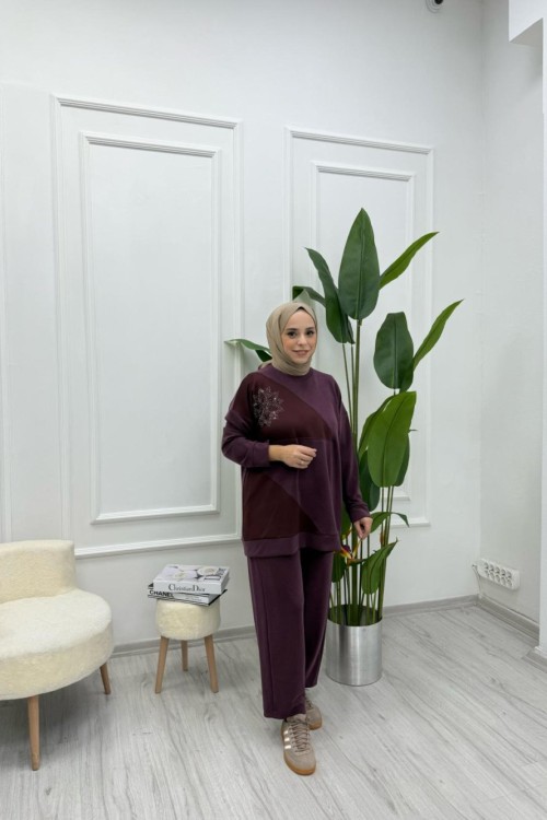 Çiçek Detaylı Oysho Kumaş Kadın İkili Takım Mürdüm