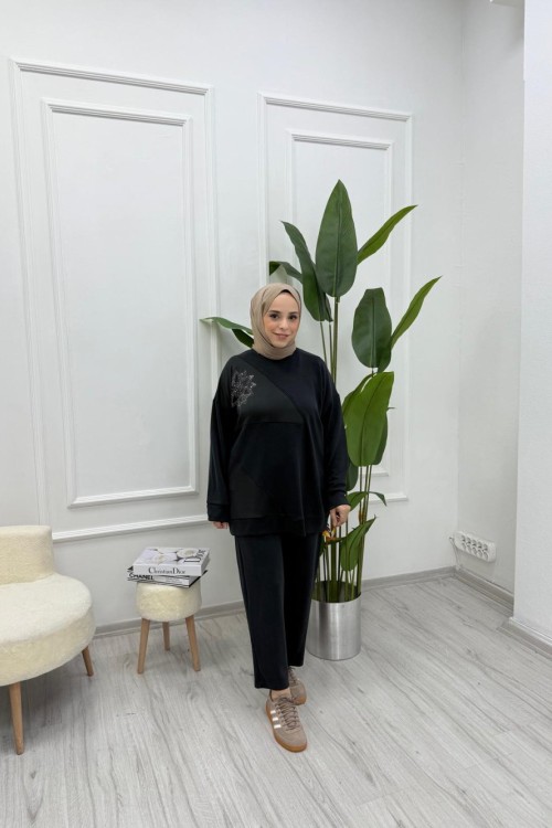 Çiçek Detaylı Oysho Kumaş Kadın İkili Takım Siyah