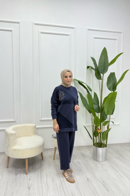 Çiçek Detaylı Oysho Kumaş Kadın İkili Takım Lacivert