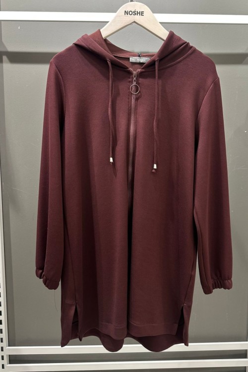 Kapüşon Detaylı Fermuarlı Ceket Bordo
