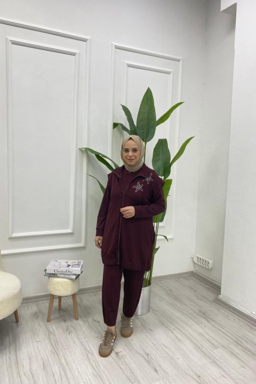 Yelekli Yıldız Takım – Modal Oysho  Kumaş, Düğme Detaylı Pantolon Bordo