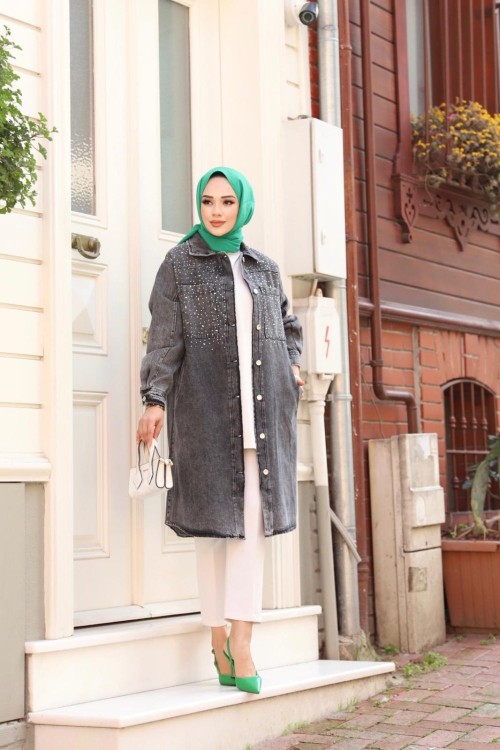 Kadın Serpme Taş Detaylı Uzun Kot Ceket  Gri