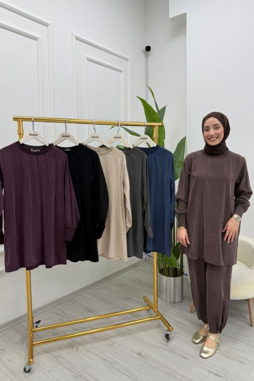 Manşet Detaylı Şık Kupra Kumaş Tunik Kahverengi