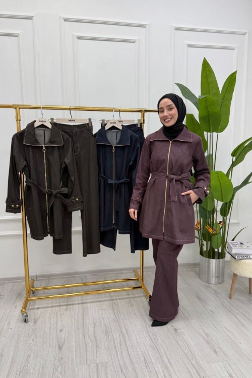 Fermuarlı Kot Takım – Şık ve Modern Kesim Bordo