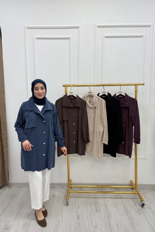 Önden Çıtçıtlı Tek Taraf Aler Detaylı Tunik Bej