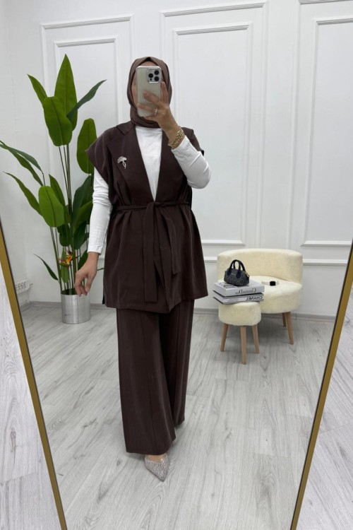 Kadın İpek Kupra Kumaş İkili Yelekli Takım Kuşaklı Yelek & Lastikli Pantolon Kahverengi