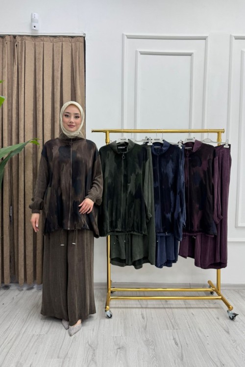 Orijinal İpek Pudra Takım Desenli Sporter Detaylı Fermuarlı Pantolonlu İkili Takım Mürdüm