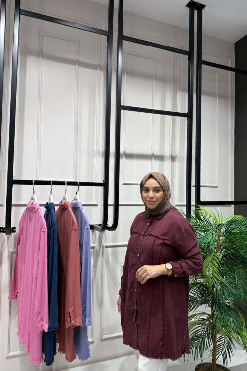 Tencel  Püskül Detaylı Gömlek Bordo