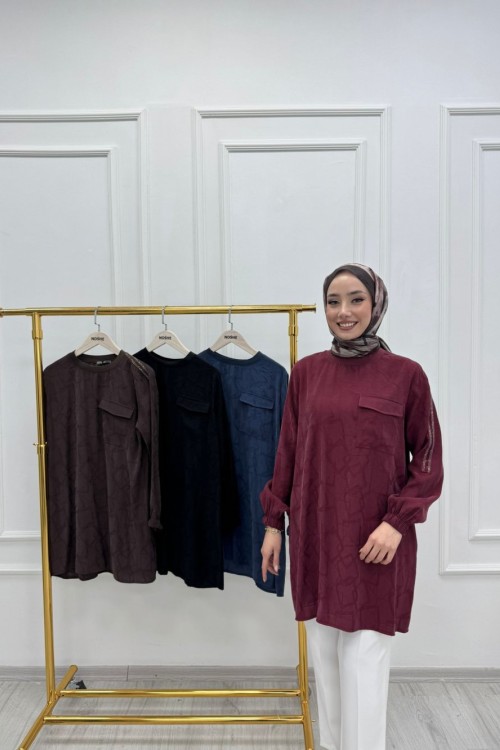 Taş Detaylı Jakar İpek Kupra Tunik Siyah