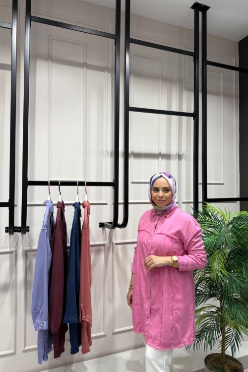 Tencel Püskül Detaylı Gömlek Pembe
