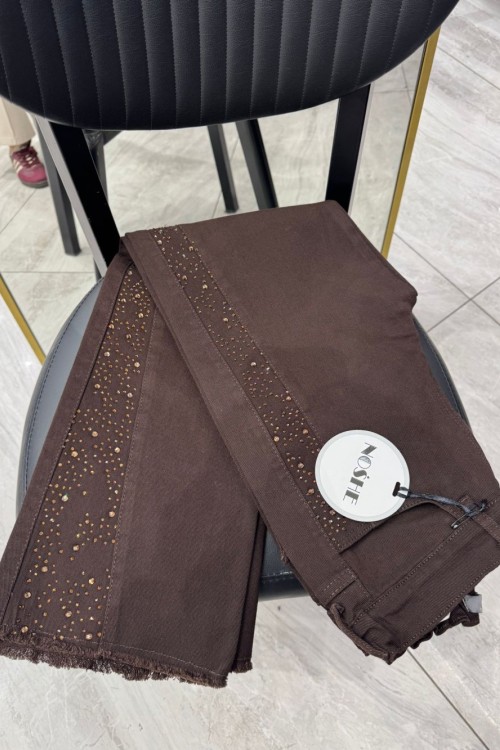 Paça Püsküllü Kot Taş Detaylı Kot Pantolon Kahverengi