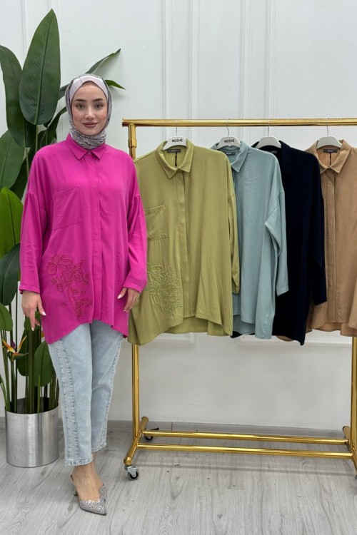İşleme Detaylı Pamuk Vual Gömlek Gömlek olive yeşili