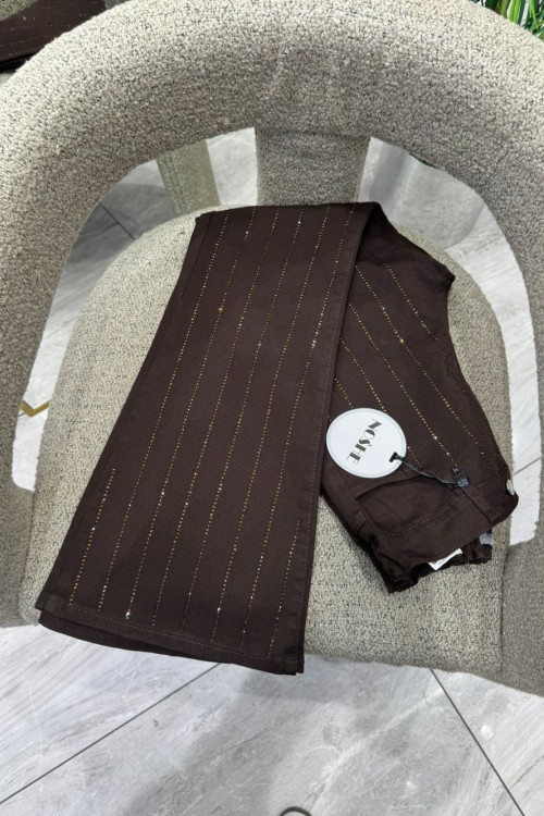 Likralı Taşlı Kot Pantolon  Acı Kahve