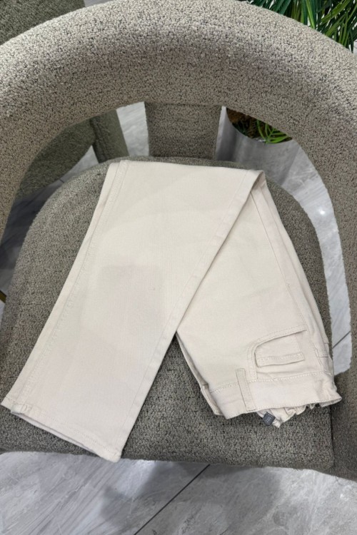 Düz Paça Likralı Mom Jean Pantolon Bej