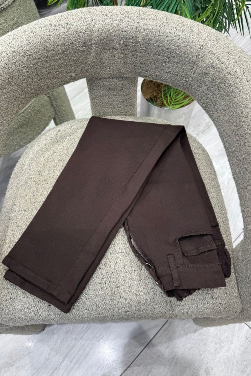 Düz Paça Likralı Mom Jean Pantolon Kahverengi