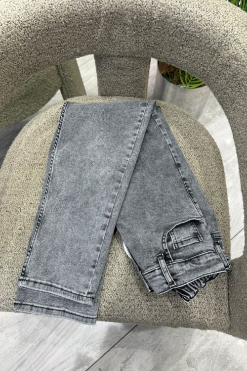 Düz Paça Likralı Mom Jean Pantolon Gri