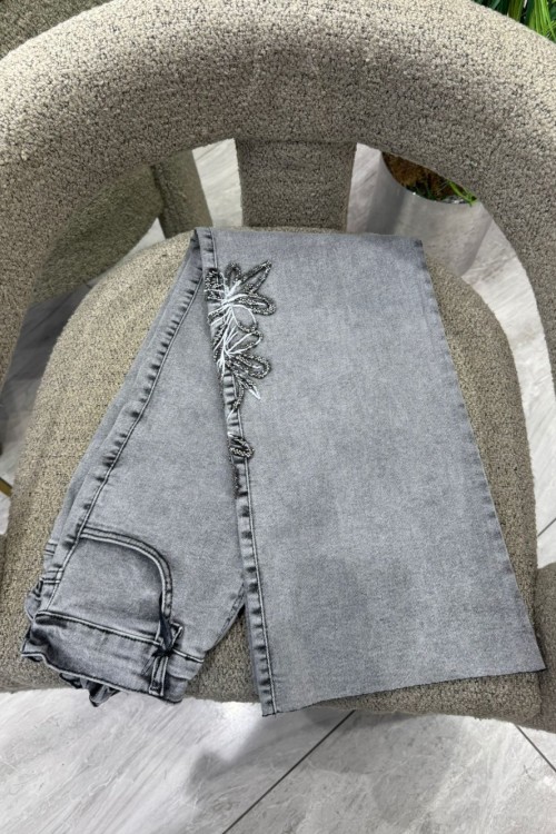 Nakış Detaylı Full Likralı Kot Pantolon Gri