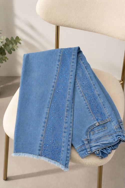 Paça Püsküllü Kot Taş Detaylı Kot Pantolon Gök Mavi