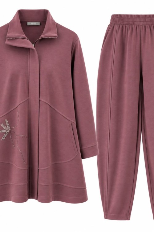 Pike Oysho Kumaş Taş Detaylı Tunik Pantolon İkili Takım Mürdüm