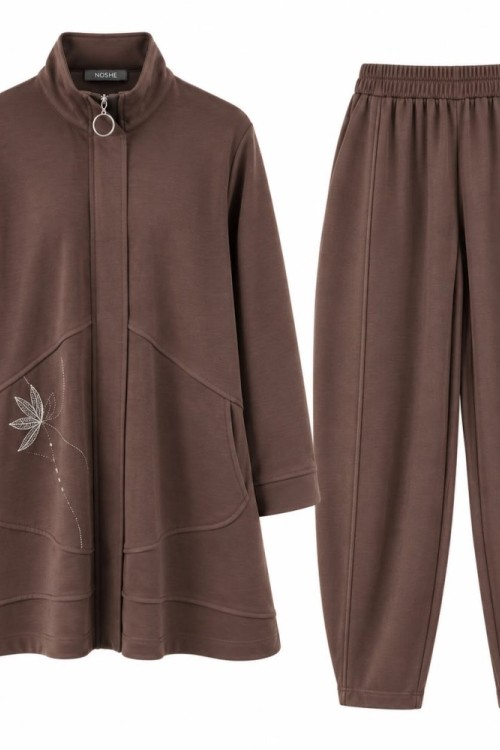 Pike Oysho Kumaş Taş Detaylı Tunik Pantolon İkili Takım Kahverengi