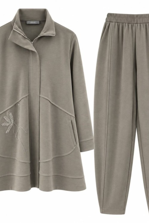 Pike Oysho Kumaş Taş Detaylı Tunik Pantolon İkili Takım Yeşil