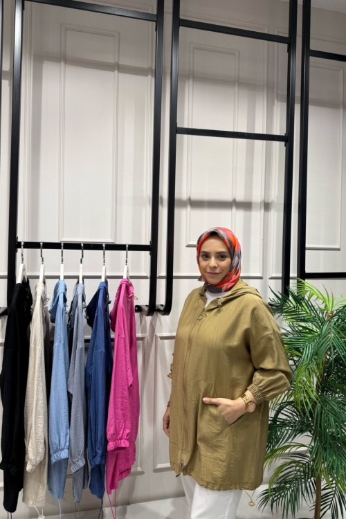 Çilek Kumaştan Üretilmiş Yazlık Rahat Kalıp Cepli Stoperli Kap  olive yeşili