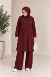 Üçlü Düğmeli Tesettür Takım – İçlik, Tunik ve Pantolon Bordo
