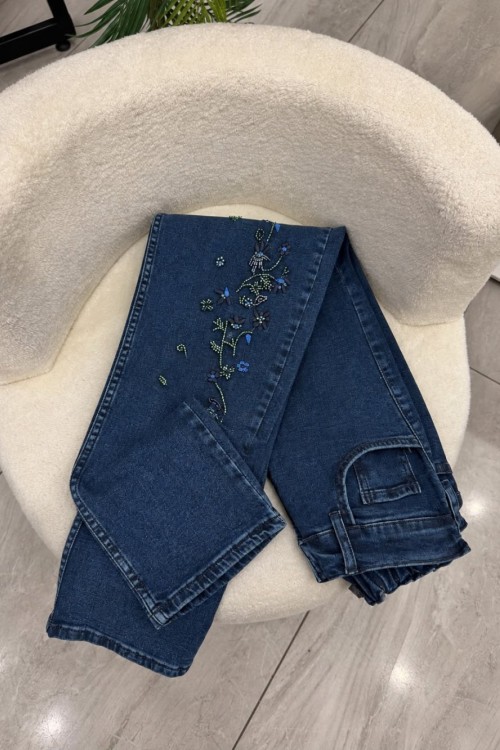 Taş ve Çiçek İşlemeli Mom Jean Kadın Pantolon Lacivert