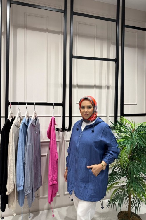 Çilek Kumaştan Üretilmiş Yazlık Rahat Kalıp Cepli Stoperli Kap Mavi