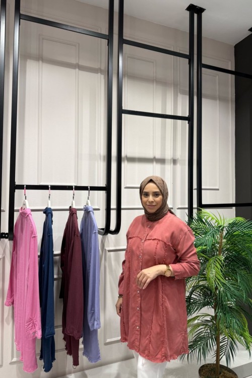 Tencel Püskül Detaylı Gömlek Somon