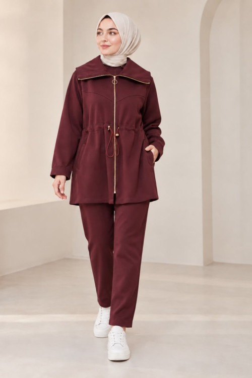 Oysho Kumaş Fermuarlı Beli Ayarlanabilir 80 cm Tunik Takım Bordo