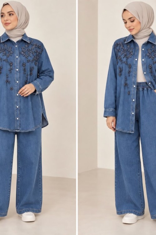 Nakışlı Denim Takım  Açık Mavi