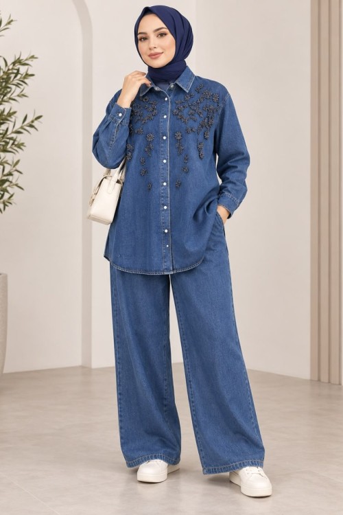 Nakışlı Denim Takım  Lacivert